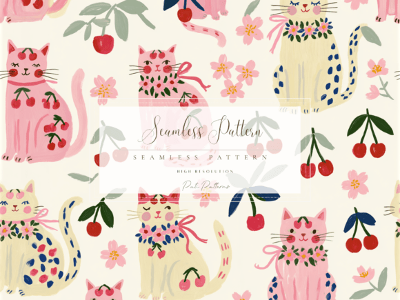 Download Cute Cherry Cat Seamless Pattern PNG for Kids - Cute Collection